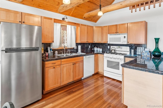 kitchen with light hardwood / wood-style floors, sink, wooden ceiling, backsplash, and white appliances