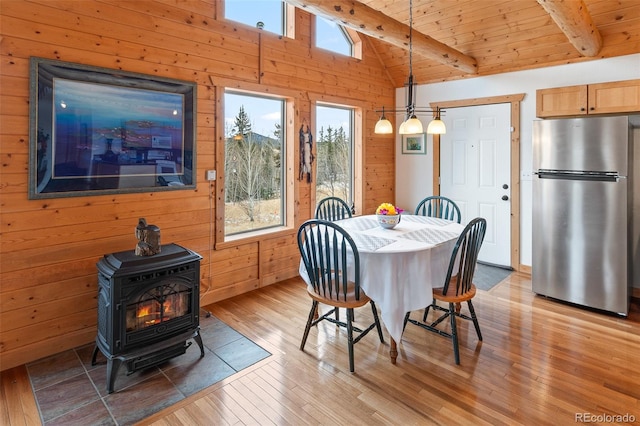 dining area featuring a wood stove, lofted ceiling with beams, light hardwood / wood-style flooring, and wood walls