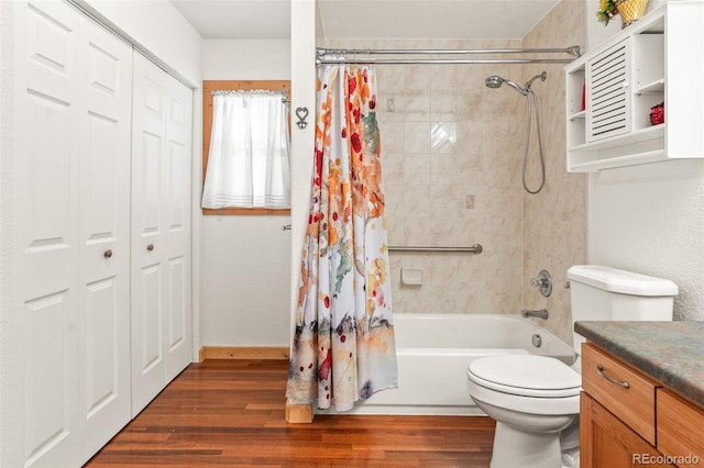 full bathroom with toilet, shower / bath combination with curtain, vanity, and wood-type flooring