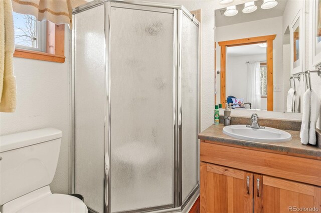 bathroom featuring a wealth of natural light, vanity, toilet, and a shower with door