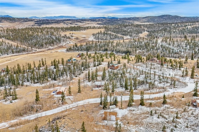 snowy aerial view with a mountain view