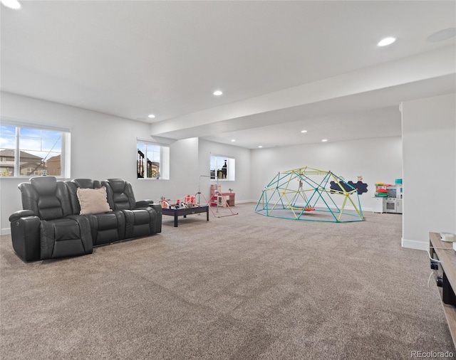 playroom featuring carpet floors, recessed lighting, and baseboards