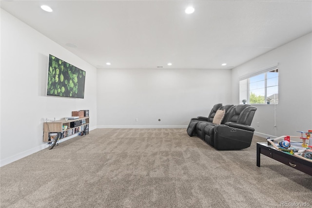 game room with recessed lighting, carpet flooring, and baseboards