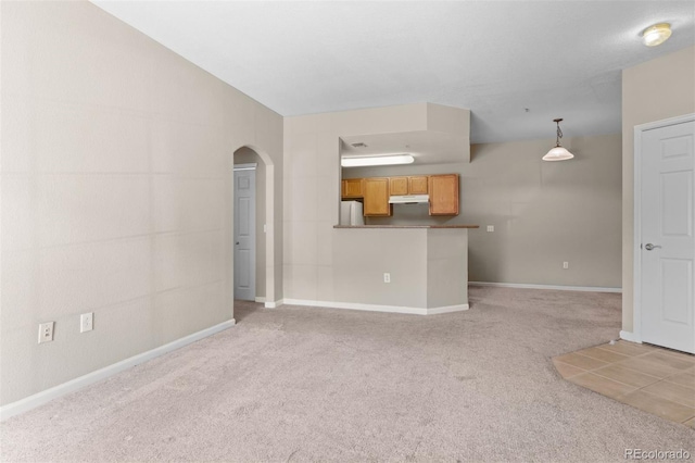 7440 S Blackhawk St Unit 104, Englewood, CO 80112 - unfurnished living room featuring arched walkways, light colored carpet, and lofted ceiling