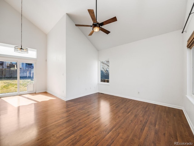 unfurnished living room featuring high vaulted ceiling, dark hardwood / wood-style floors, and ceiling fan