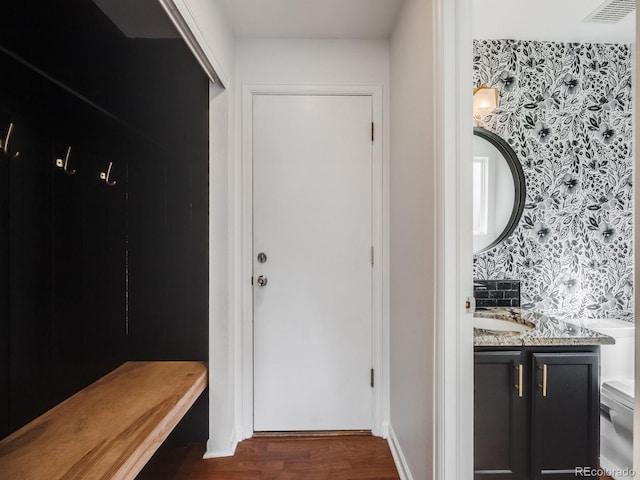 mudroom featuring dark hardwood / wood-style flooring and sink