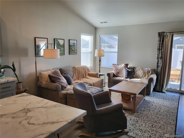 living room with lofted ceiling