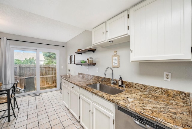 kitchen featuring a sink, open shelves, white cabinetry, and dishwasher