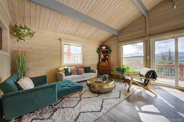 interior space featuring wood ceiling, lofted ceiling with beams, wooden walls, a mountain view, and light hardwood / wood-style floors