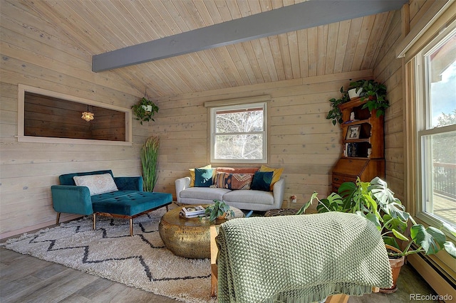 living room with hardwood / wood-style floors, a baseboard heating unit, wooden walls, lofted ceiling with beams, and wooden ceiling