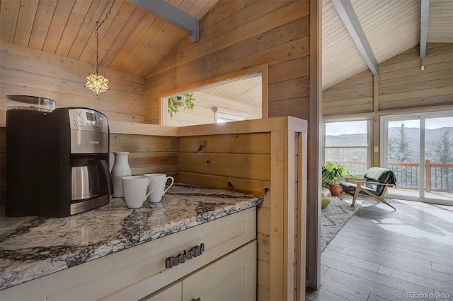 kitchen with wooden walls, hanging light fixtures, light stone countertops, a mountain view, and light hardwood / wood-style flooring