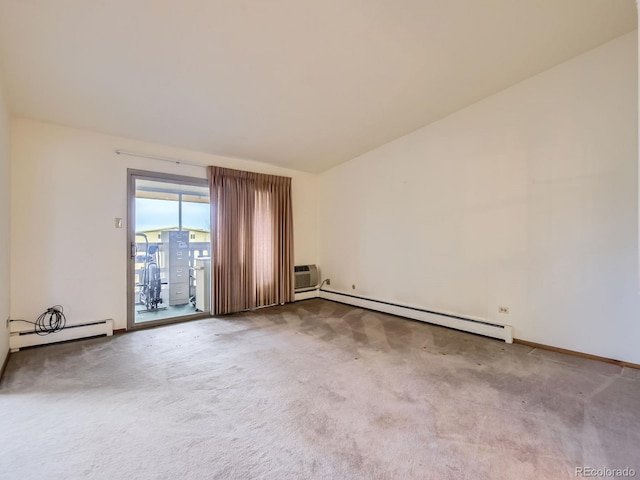 spare room with lofted ceiling, a baseboard heating unit, and light carpet