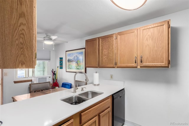 kitchen featuring dishwasher, a ceiling fan, light countertops, and a sink