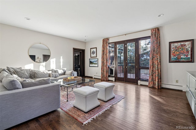 living room with french doors, dark hardwood / wood-style flooring, and a baseboard radiator