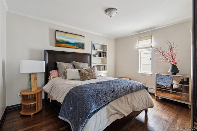 bedroom featuring a baseboard radiator, dark wood-type flooring, and crown molding