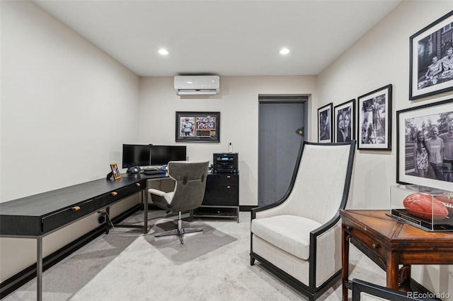 carpeted home office with an AC wall unit