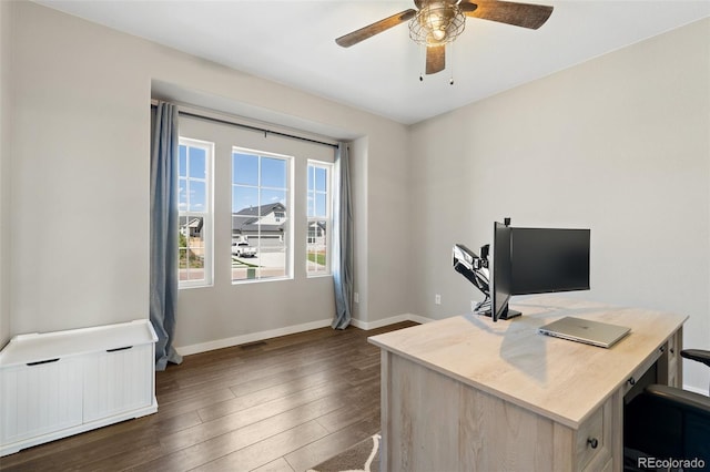 8235 Ryegate Way, Colorado Springs, CO 80908 - home office featuring dark wood-style flooring, a ceiling fan, baseboards, and radiator heating unit