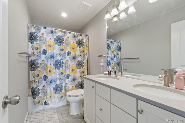 8235 Ryegate Way, Colorado Springs, CO 80908 - full bath with toilet, double vanity, and shower / bathtub combination with curtain