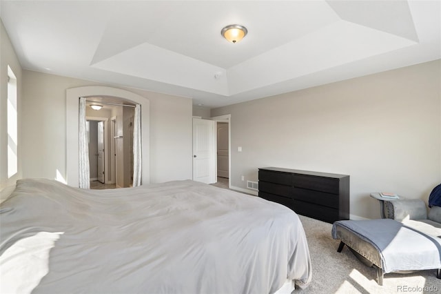 8235 Ryegate Way, Colorado Springs, CO 80908 - bedroom with a raised ceiling, arched walkways, and carpet flooring