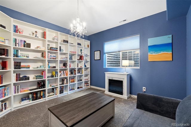 8235 Ryegate Way, Colorado Springs, CO 80908 - living area featuring a chandelier, carpet floors, a fireplace, and baseboards