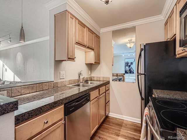 kitchen featuring light hardwood / wood-style flooring, decorative light fixtures, crown molding, appliances with stainless steel finishes, and sink