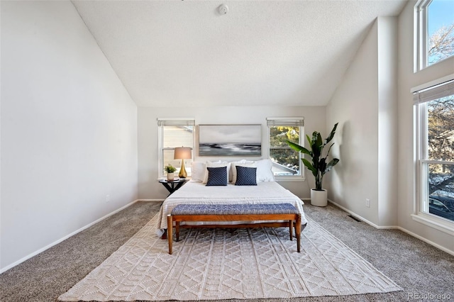 carpeted bedroom with lofted ceiling and a textured ceiling