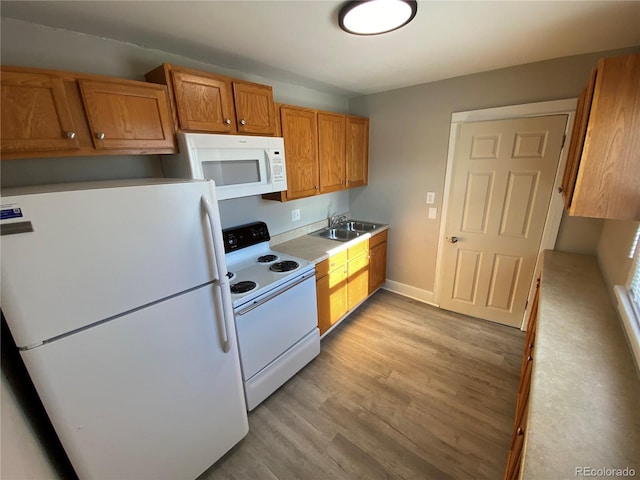 kitchen featuring sink, white appliances, and light hardwood / wood-style flooring