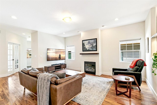 4530 Quitman St, Denver, CO 80212 - living room with baseboards, a glass covered fireplace, recessed lighting, and light wood-style floors