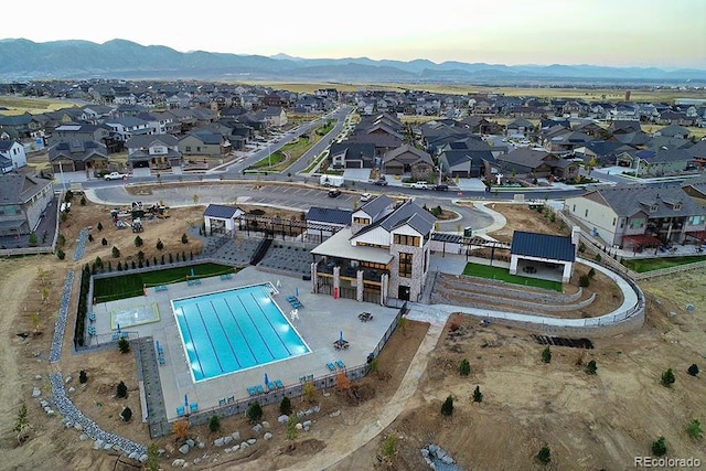 aerial view at dusk with a mountain view