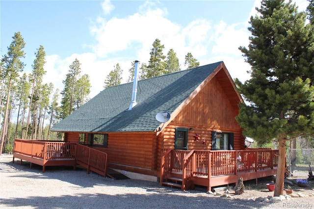 36 Hilltop Dr, Walden, CO 80480 - rear view of property with log exterior, a wooden deck, and a shingled roof