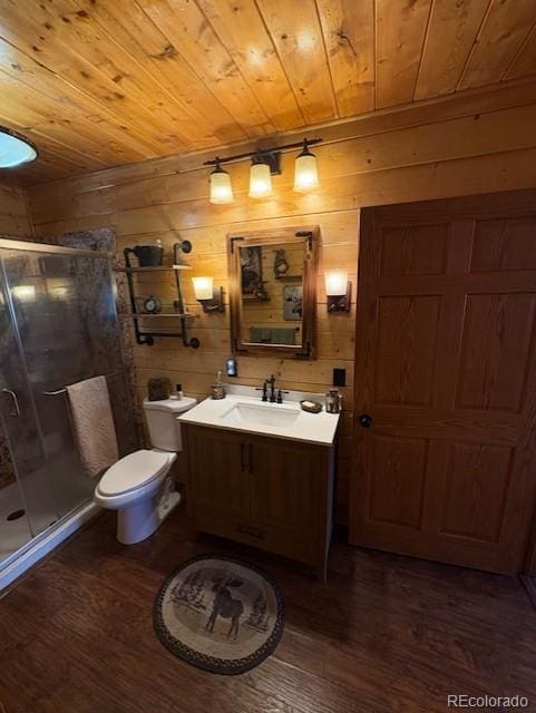 36 Hilltop Dr, Walden, CO 80480 - full bathroom featuring wood-type flooring, wooden ceiling, vanity, a shower stall, and toilet
