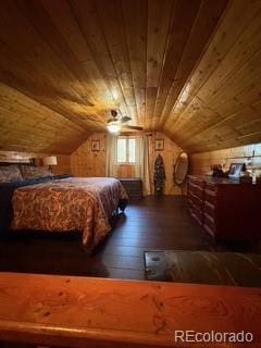 36 Hilltop Dr, Walden, CO 80480 - bedroom featuring wooden ceiling, lofted ceiling, and hardwood / wood-style flooring