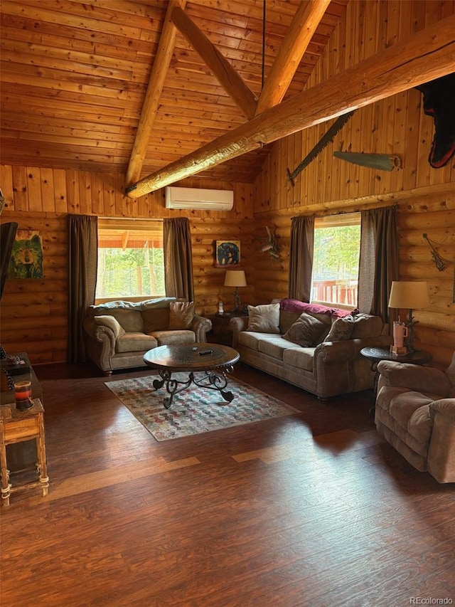 36 Hilltop Dr, Walden, CO 80480 - living area featuring a wall unit AC, log walls, wooden ceiling with exposed beams, high vaulted ceiling, and wood finished floors