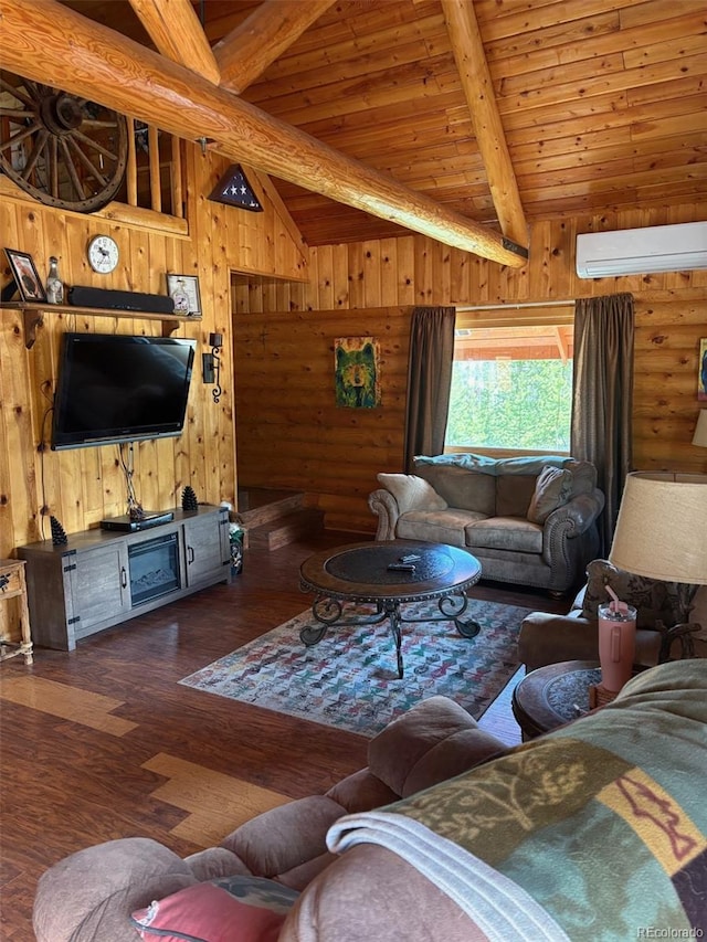 36 Hilltop Dr, Walden, CO 80480 - living area with an AC wall unit, wood-type flooring, rustic walls, wood ceiling, and wood walls