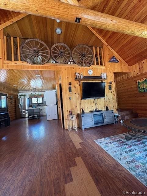 36 Hilltop Dr, Walden, CO 80480 - living area with high vaulted ceiling, wood ceiling with exposed beams, wood walls, and wood finished floors