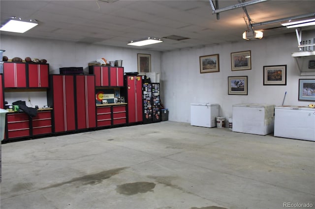 36 Hilltop Dr, Walden, CO 80480 - garage with white refrigerator, a garage door opener, and fridge
