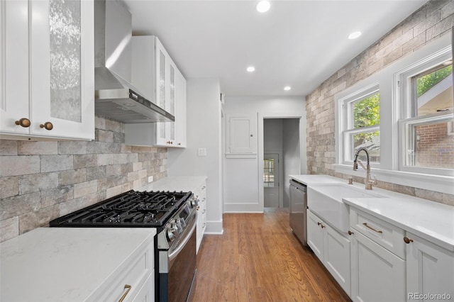 2140 S Washington St, Denver, CO 80210 - kitchen with stainless steel appliances, wall chimney exhaust hood, a sink, white cabinets, and wood finished floors