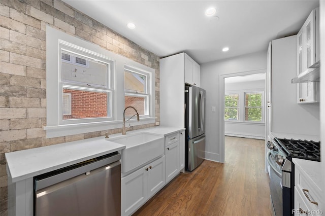 2140 S Washington St, Denver, CO 80210 - kitchen featuring stainless steel appliances, wood finished floors, a sink, light countertops, and white cabinetry