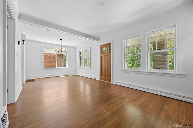 2140 S Washington St, Denver, CO 80210 - unfurnished living room with a chandelier, wood finished floors, a baseboard radiator, and ornamental molding