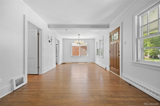 2140 S Washington St, Denver, CO 80210 - foyer featuring a baseboard radiator, a chandelier, ornamental molding, a baseboard heating unit, and wood finished floors