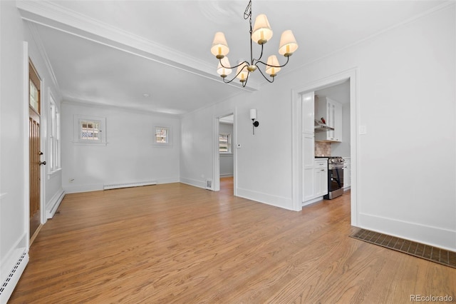 2140 S Washington St, Denver, CO 80210 - empty room featuring baseboard heating, crown molding, a chandelier, a baseboard heating unit, and light wood-style floors