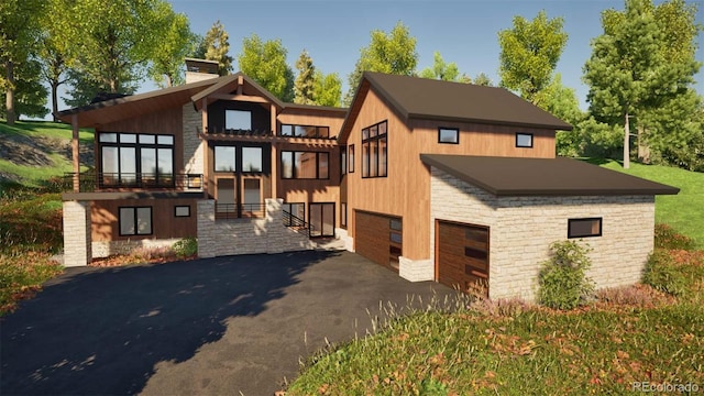 2035 Highlands Dr, Breckenridge, CO 80424 - exterior space featuring a chimney, an attached garage, stone siding, and aphalt driveway