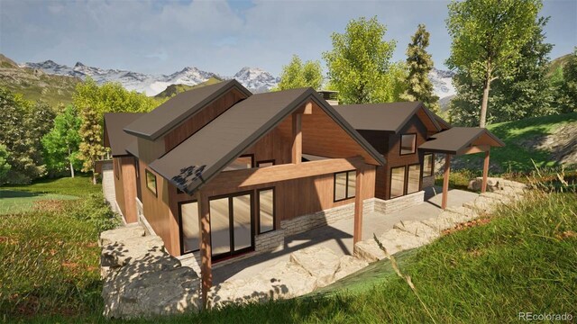 2035 Highlands Dr, Breckenridge, CO 80424 - back of property with a patio, a chimney, a mountain view, and stone siding