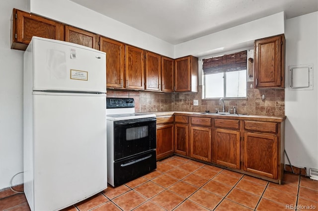 4940-42 W 9th Ave W, Denver, CO 80204 - kitchen with freestanding refrigerator, electric range oven, decorative backsplash, and brown cabinets