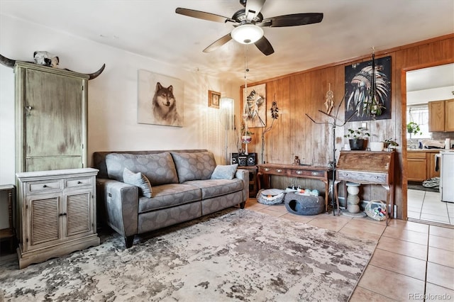 4940-42 W 9th Ave W, Denver, CO 80204 - living room with ceiling fan, light tile patterned floors, and wood walls
