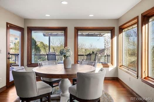 dining room with a healthy amount of sunlight, baseboards, and wood finished floors