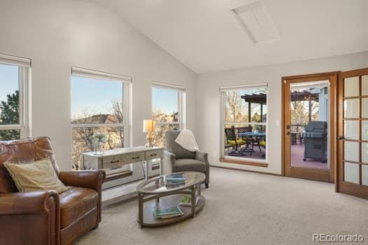 living area with carpet floors, plenty of natural light, and high vaulted ceiling