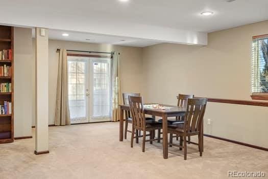 dining room with french doors, recessed lighting, carpet flooring, and baseboards