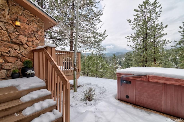yard covered in snow with a hot tub