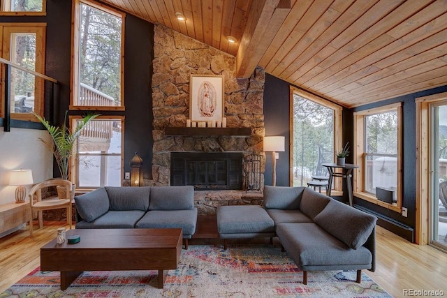 living area with wooden ceiling, lofted ceiling, plenty of natural light, wood finished floors, and a fireplace